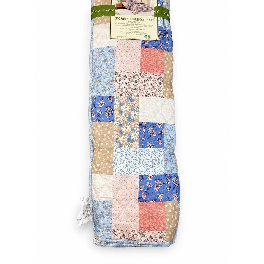 Vera Bradley Cottage Floral Quilt Set Full Queen 3pc Reversible Blue Patchwork